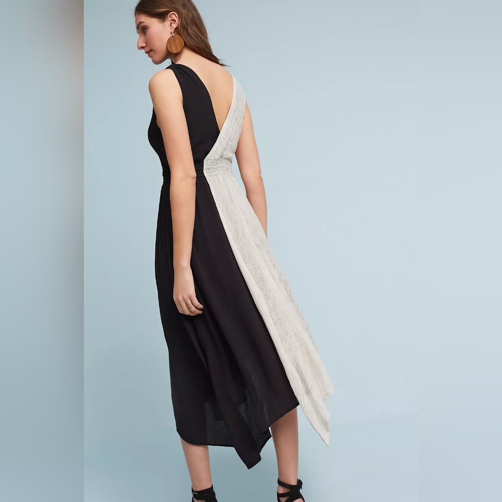 Anthropologie Maeve Tan and Black Color Block Midi Dress Size Small